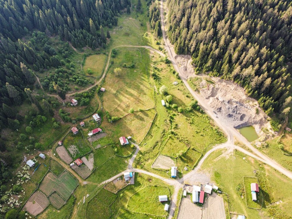 Scenic aerial view of farmland in Eflani, Türkiye, surrounded by lush forest, showcasing a peaceful countryside landscape.