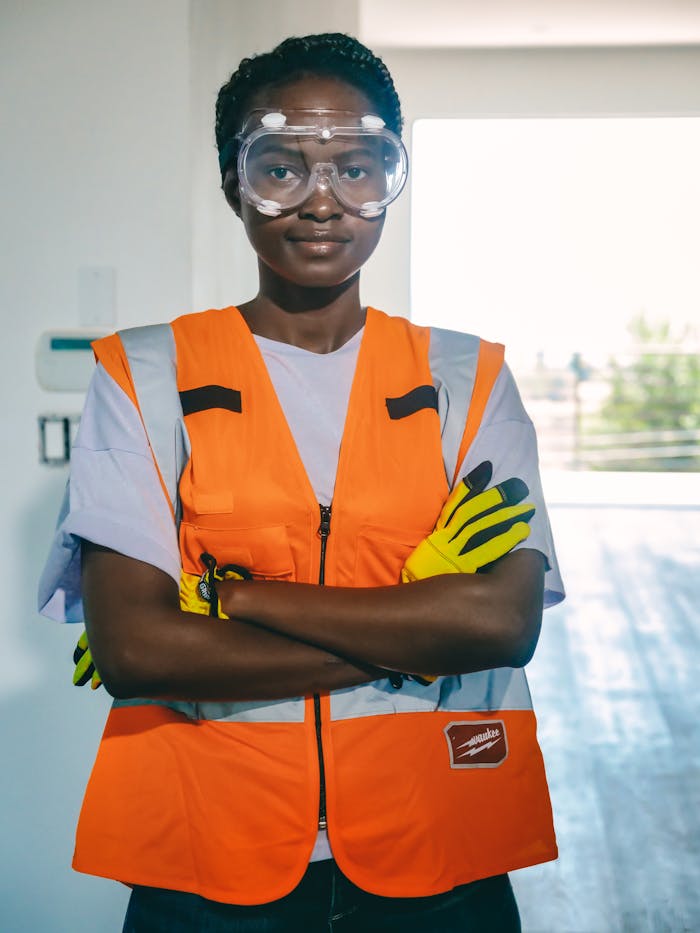 A confident worker wearing PPE, including safety goggles and reflective vest, indoors.