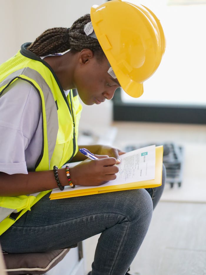 Female engineer wearing safety gear takes notes at a construction site.